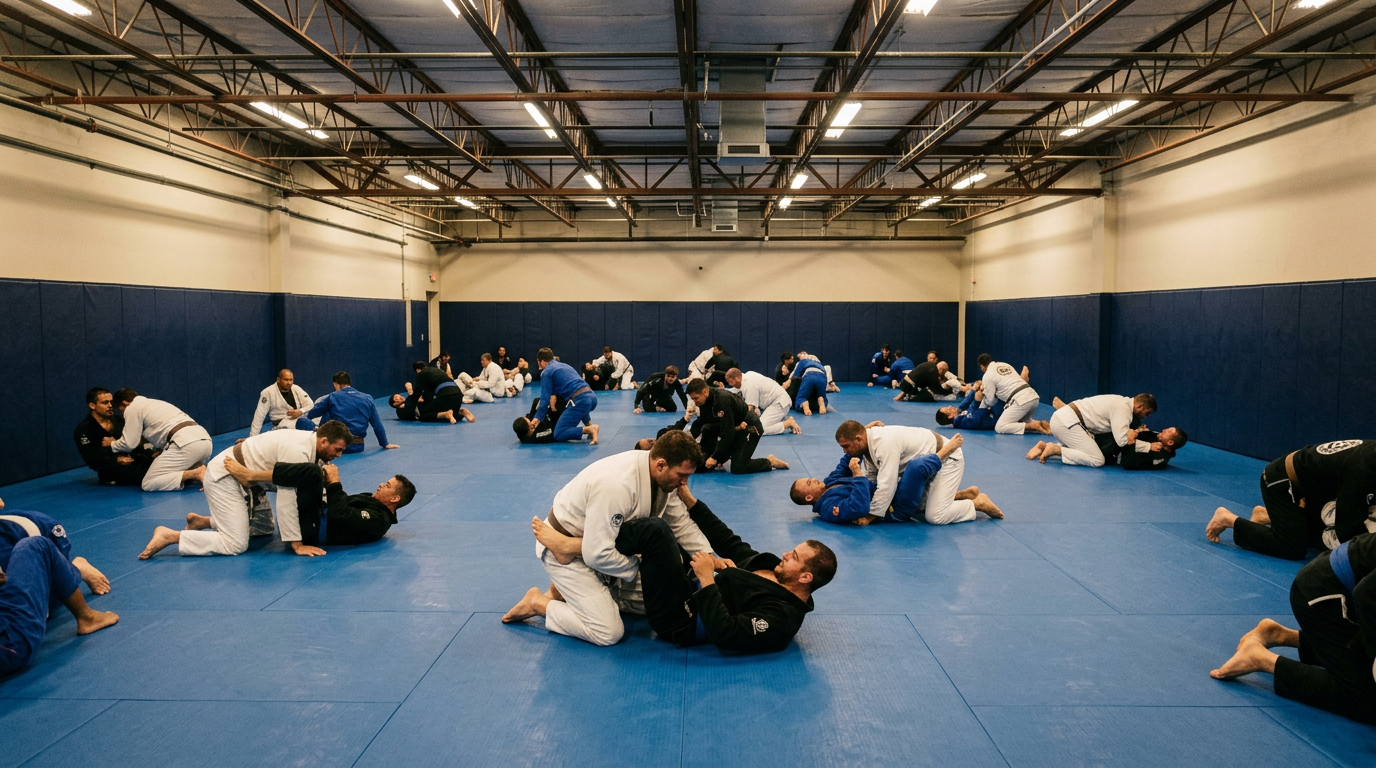 Adults and children training Jiu-Jitsu on the mats at Soda City Combat Club in West Columbia