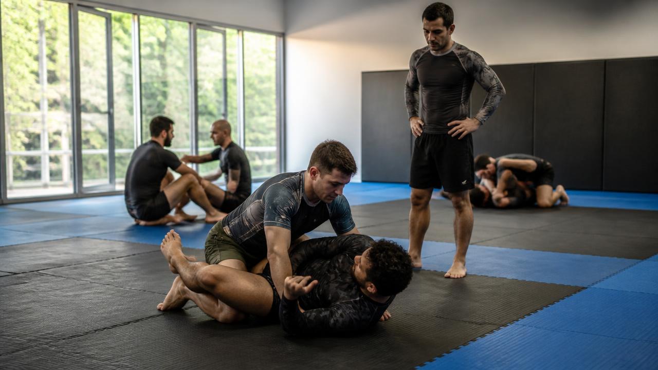 Adults drilling Jiu-Jitsu on the mats at Soda City Combat Club in West Columbia